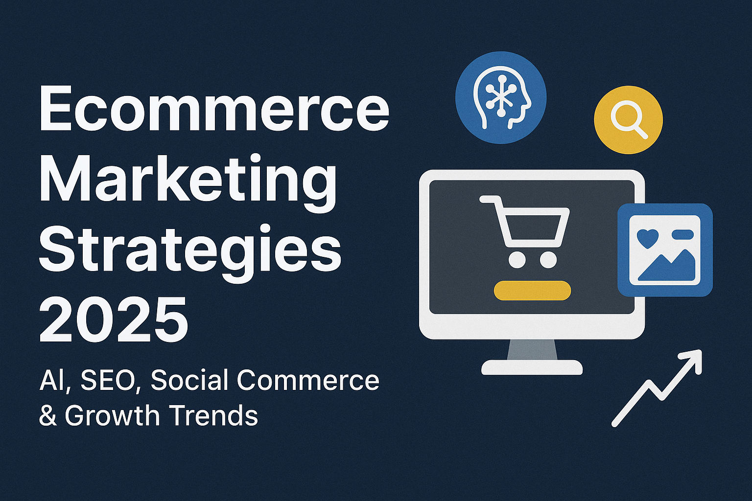 Ecommerce Marketing Strategies 2025 banner showing digital icons of AI, SEO, shopping cart, and growth trends on a modern dark blue background.