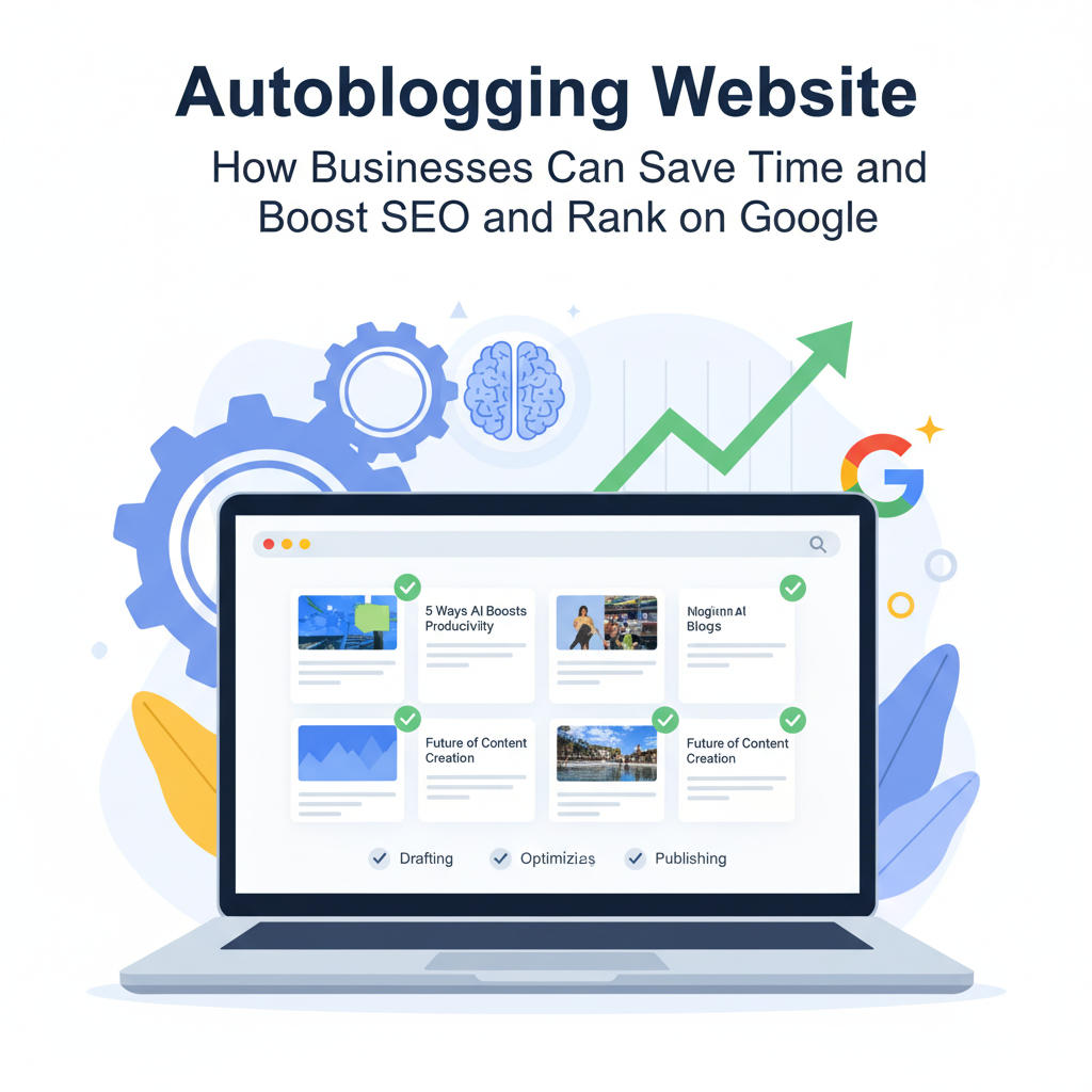 Illustration of a laptop with automated blog posts, SEO growth graph, and AI automation icons representing an autoblogging website that helps businesses save time and boost SEO rankings.